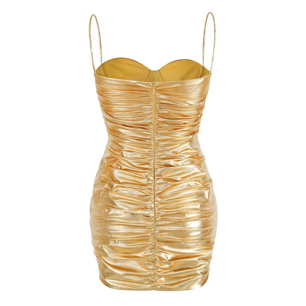 Gilded Metallic Effect Sweetheart Neck Ruched Cami Bodycon Mini Party Dress - Image 4