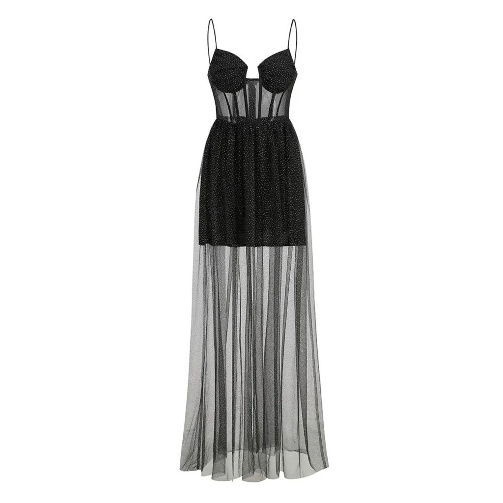 Gilded Tulle Sweetheart Neck Cami Corset Fit and Flare Maxi Evening Dress - Image 7