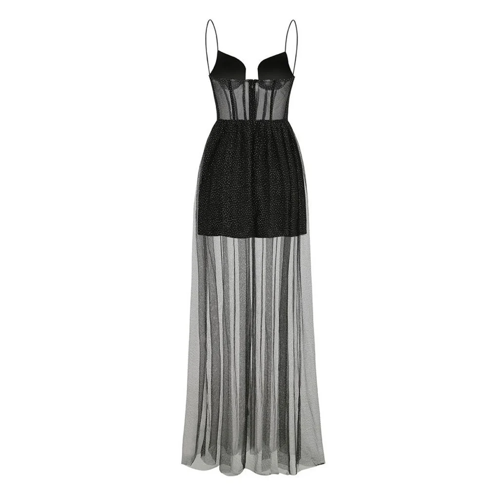 Gilded Tulle Sweetheart Neck Cami Corset Fit and Flare Maxi Evening Dress - Image 8