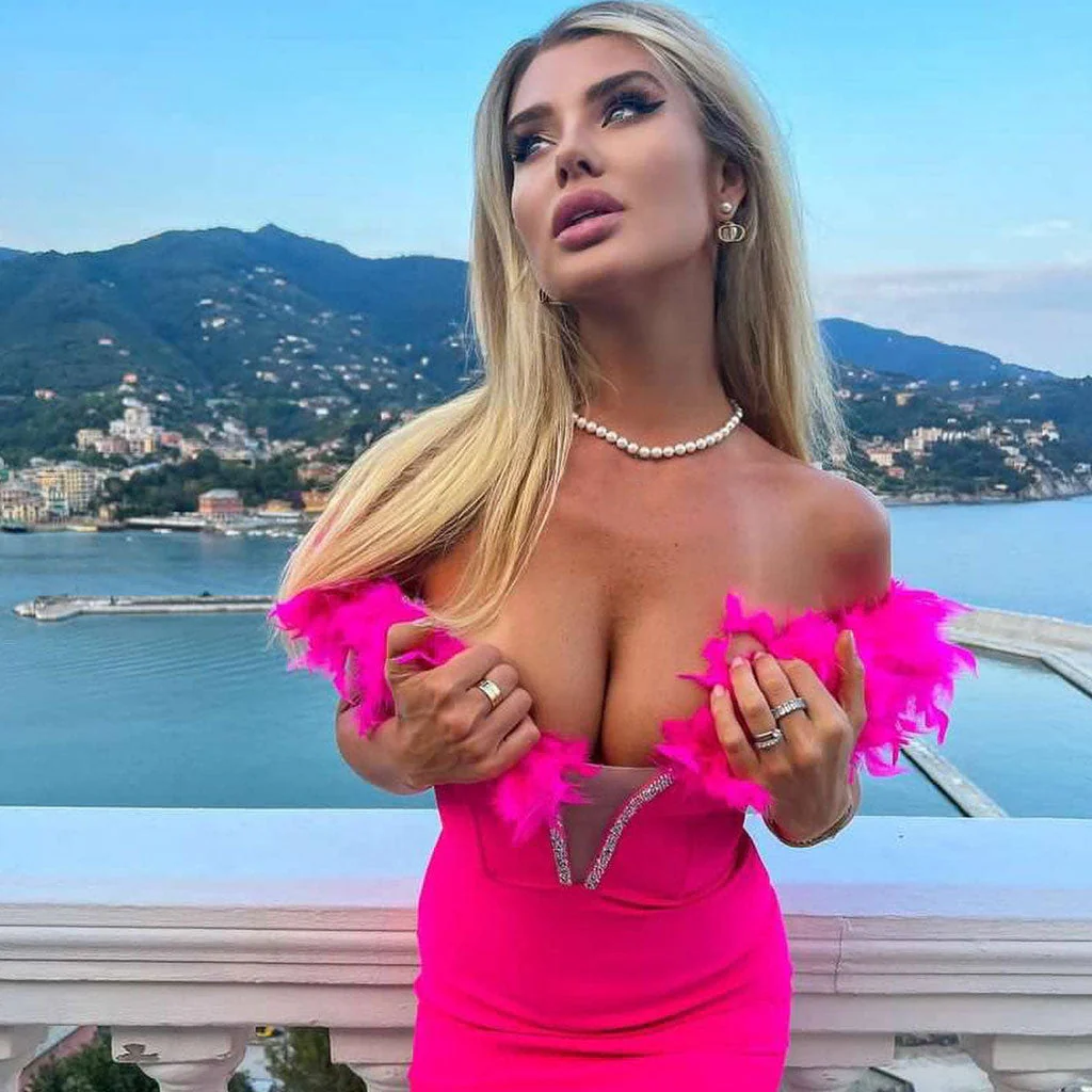 Glamorous Feather Trim Crystal Off The Shoulder Bandage Cocktail Midi Dress - Image 3