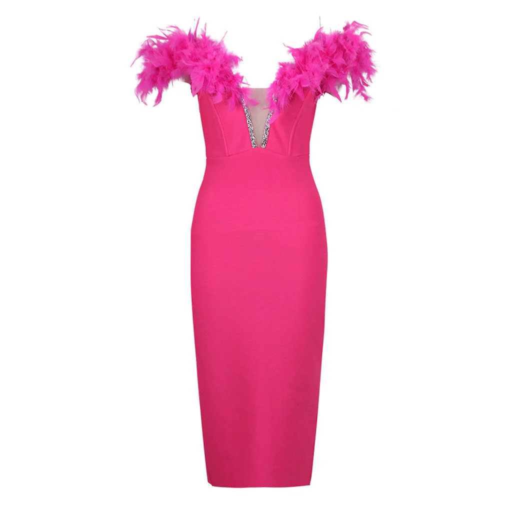 Glamorous Feather Trim Crystal Off The Shoulder Bandage Cocktail Midi Dress - Image 4