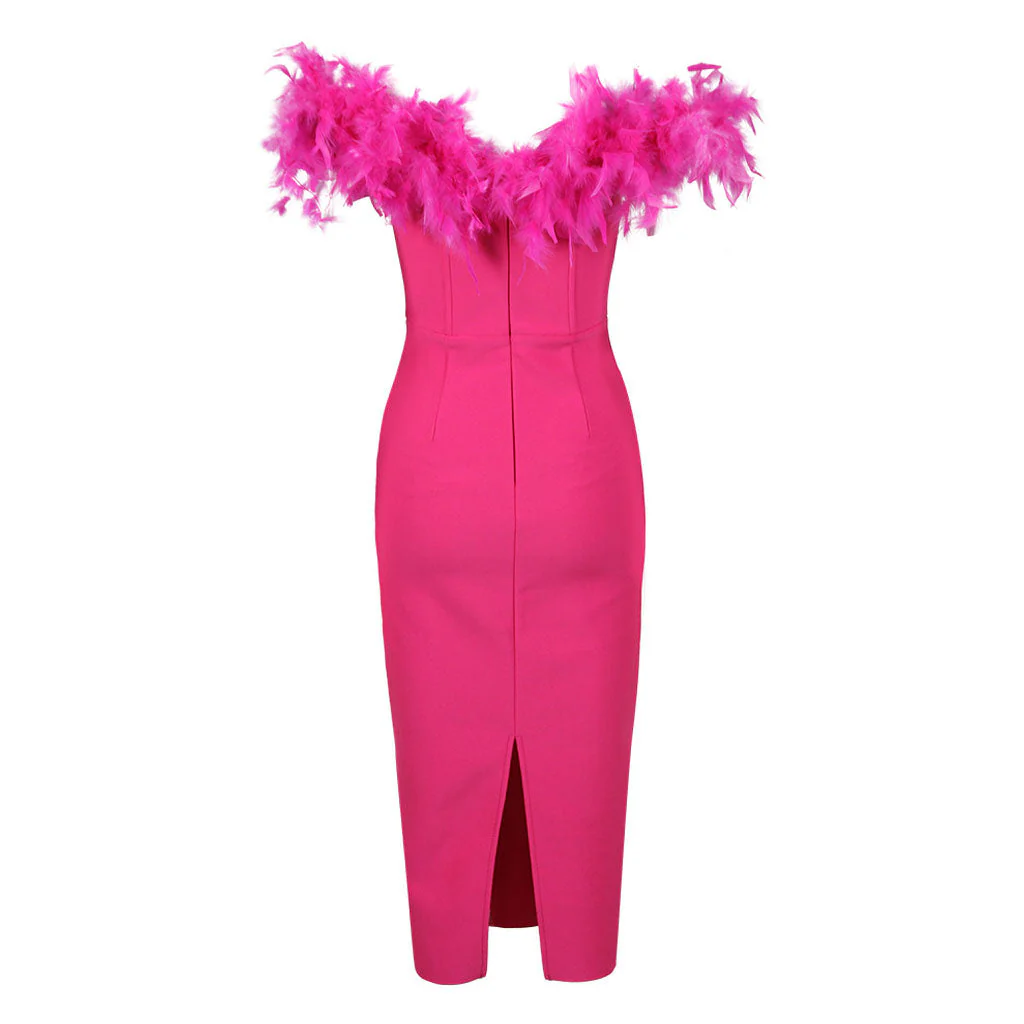 Glamorous Feather Trim Crystal Off The Shoulder Bandage Cocktail Midi Dress - Image 5