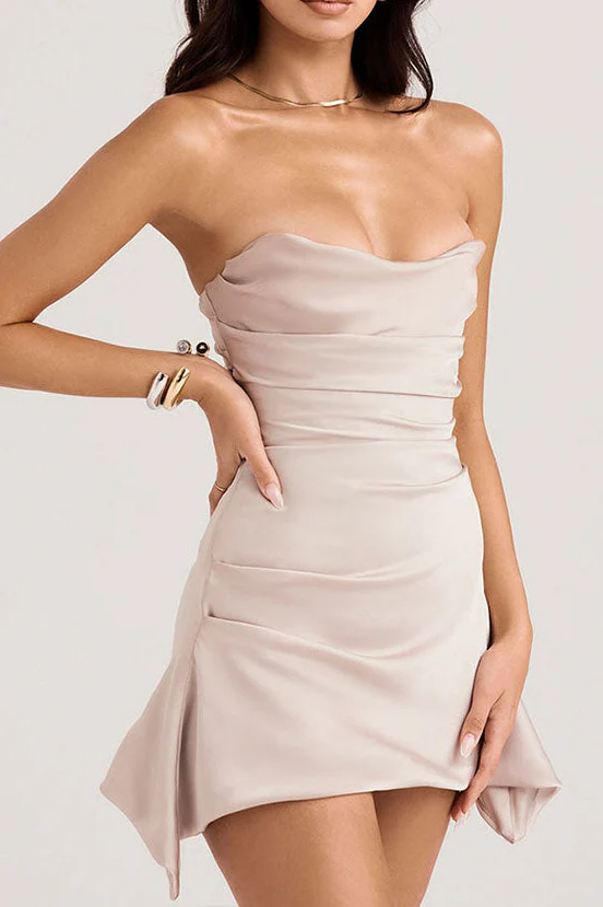 Glamorous Satin Asymmetrical Ruched Strapless Corset Party Mini Dress - Champagne - Image 2
