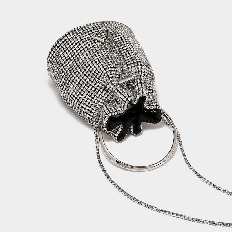 Gleaming Crystal Embellished Drawstring Crossbody Party Bucket Bag - Silver - Image 2