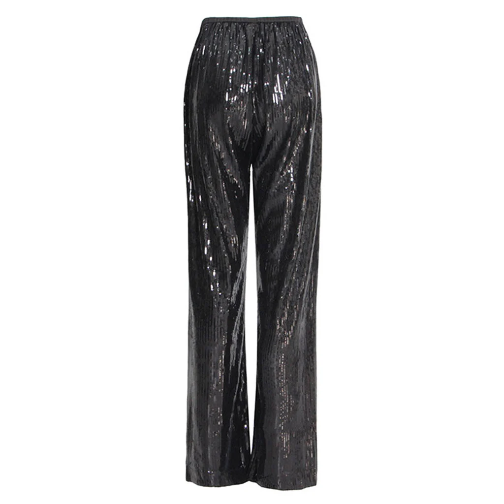 Glinting Drawstring Tie High Waist Zip Pocket Wide Leg Sequin Pants - Image 2