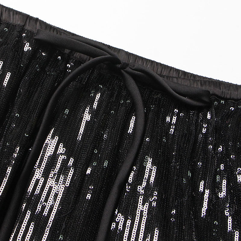 Glinting Drawstring Tie High Waist Zip Pocket Wide Leg Sequin Pants - Image 4