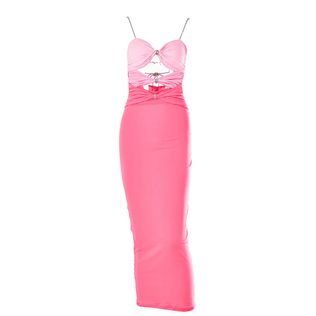 Glitter Crystal Spaghetti Strap Backless Knot Cutout Prom Maxi Derss - Pink - Image 4