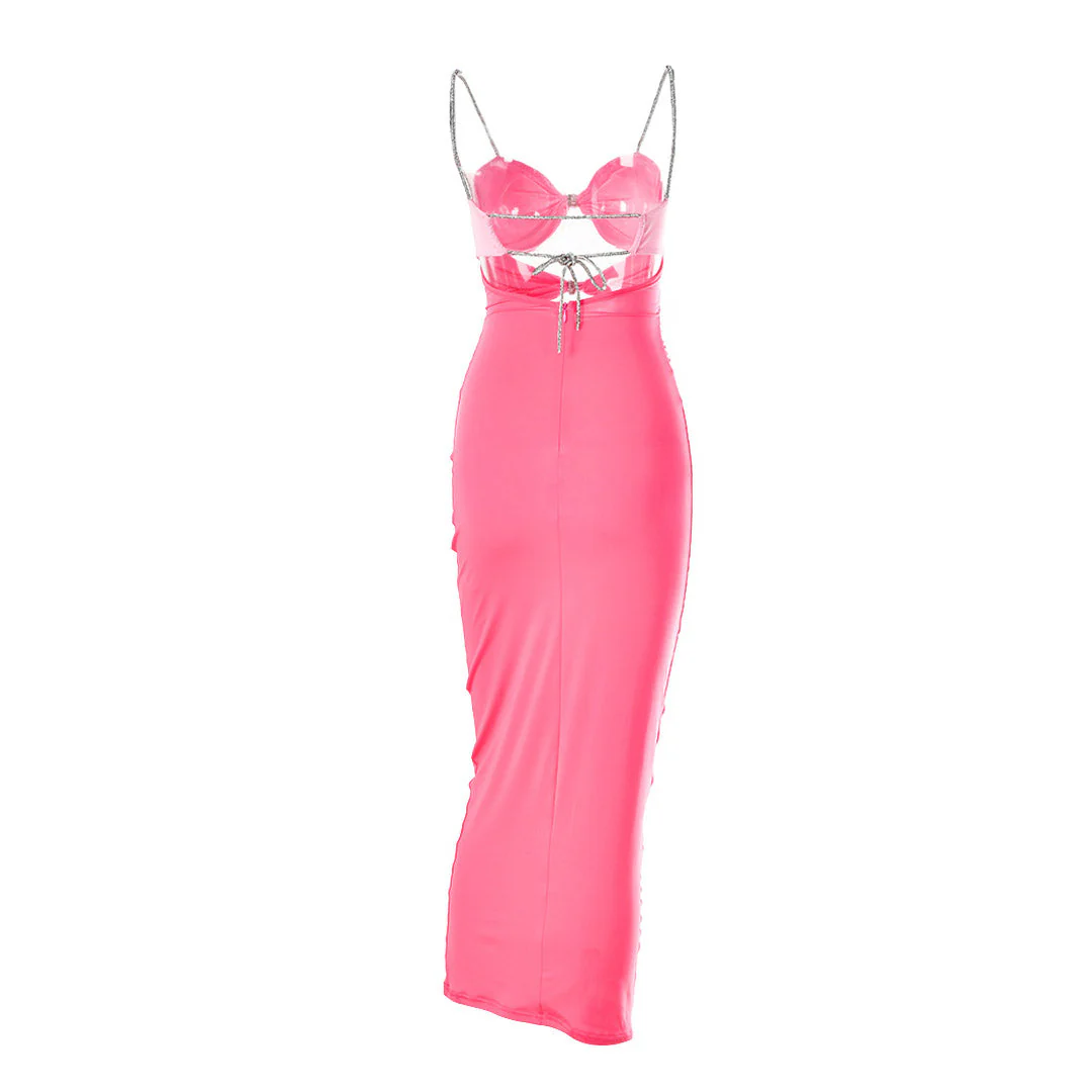 Glitter Crystal Spaghetti Strap Backless Knot Cutout Prom Maxi Derss - Pink - Image 5