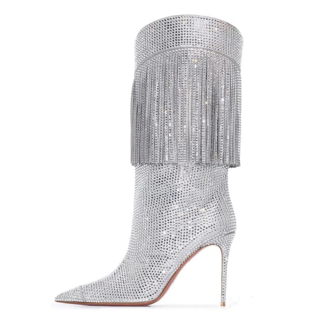 Glitter Fringe Rhinestone Embellished Pointed Toe Stiletto Boots - Silver - Image 2