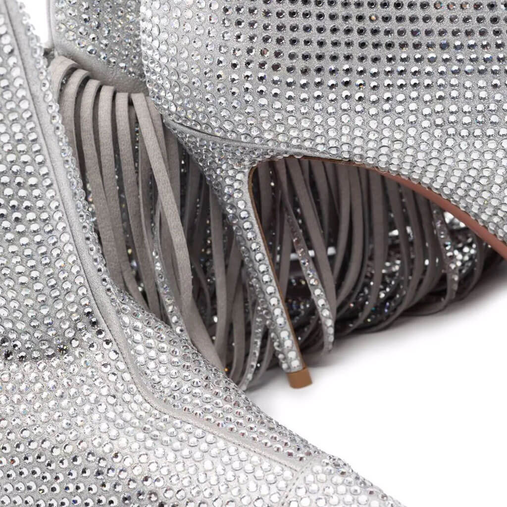 Glitter Fringe Rhinestone Embellished Pointed Toe Stiletto Boots - Silver - Image 3
