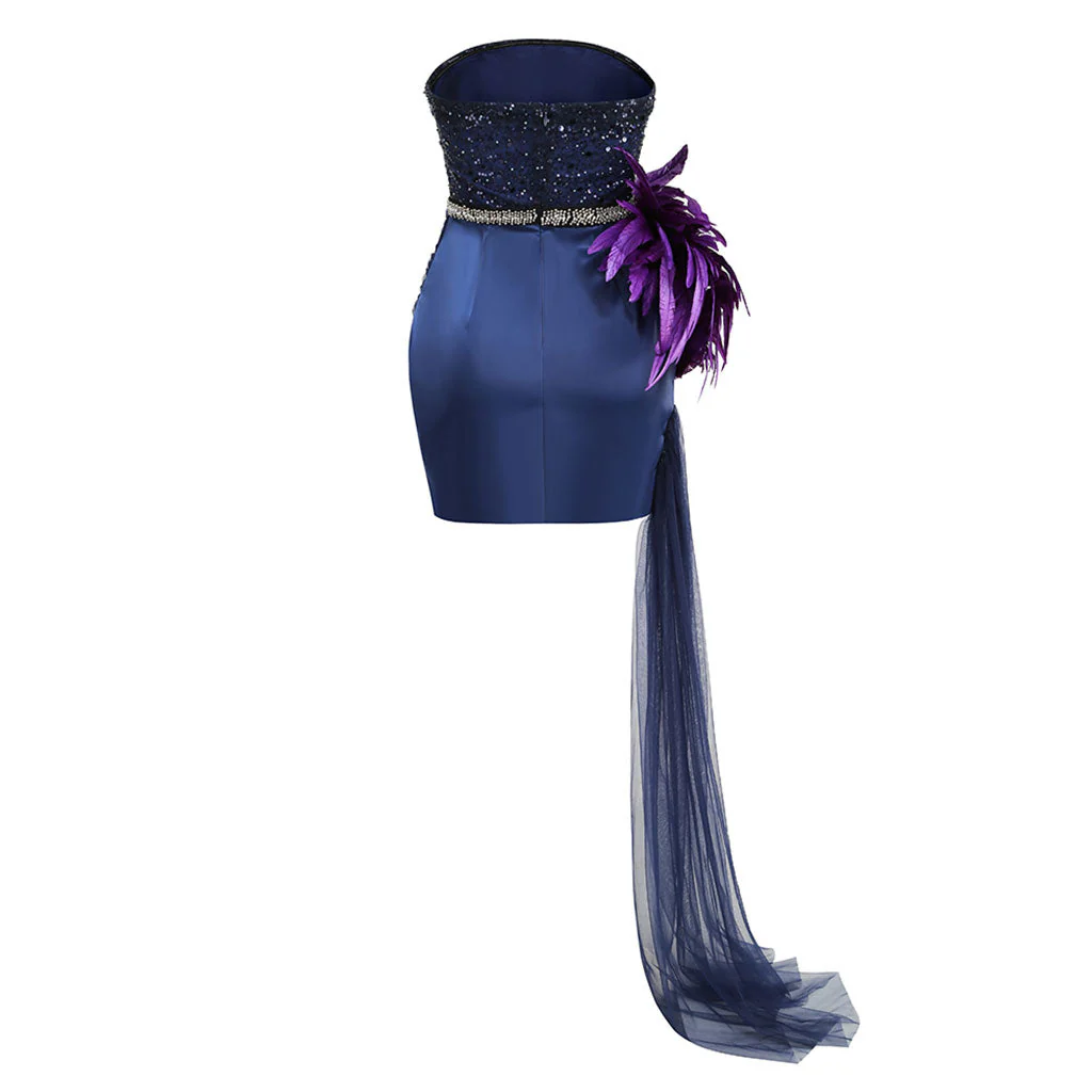 Glitter Galaxy Sequin Folded Strapless Ruched Sash Feather Trim Mini Party Dress - Image 6
