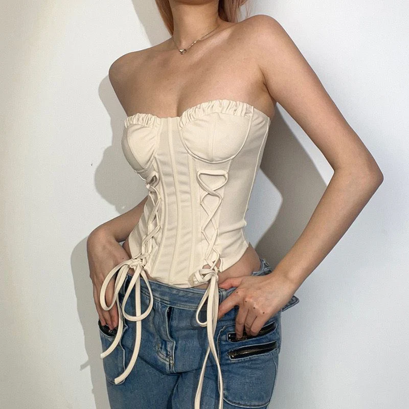 Glitter Lace Up Satin Sweetheart Sleeveless Tube Crop Corset Top - Image 2
