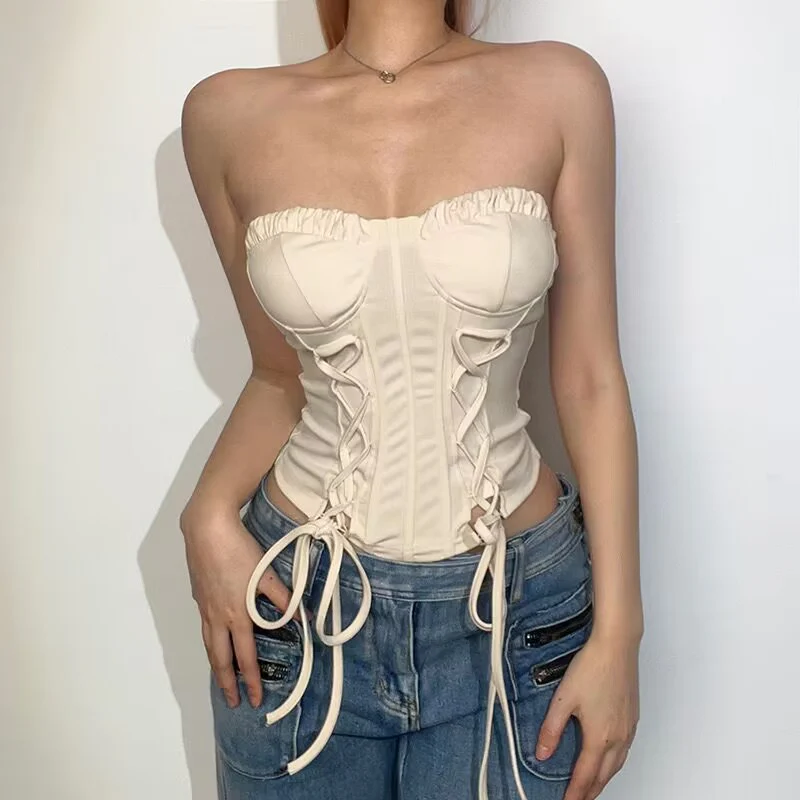 Glitter Lace Up Satin Sweetheart Sleeveless Tube Crop Corset Top - Image 3