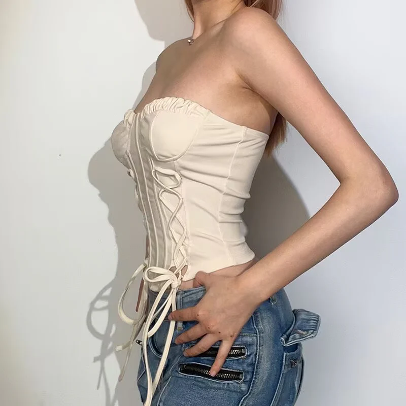 Glitter Lace Up Satin Sweetheart Sleeveless Tube Crop Corset Top - Image 5