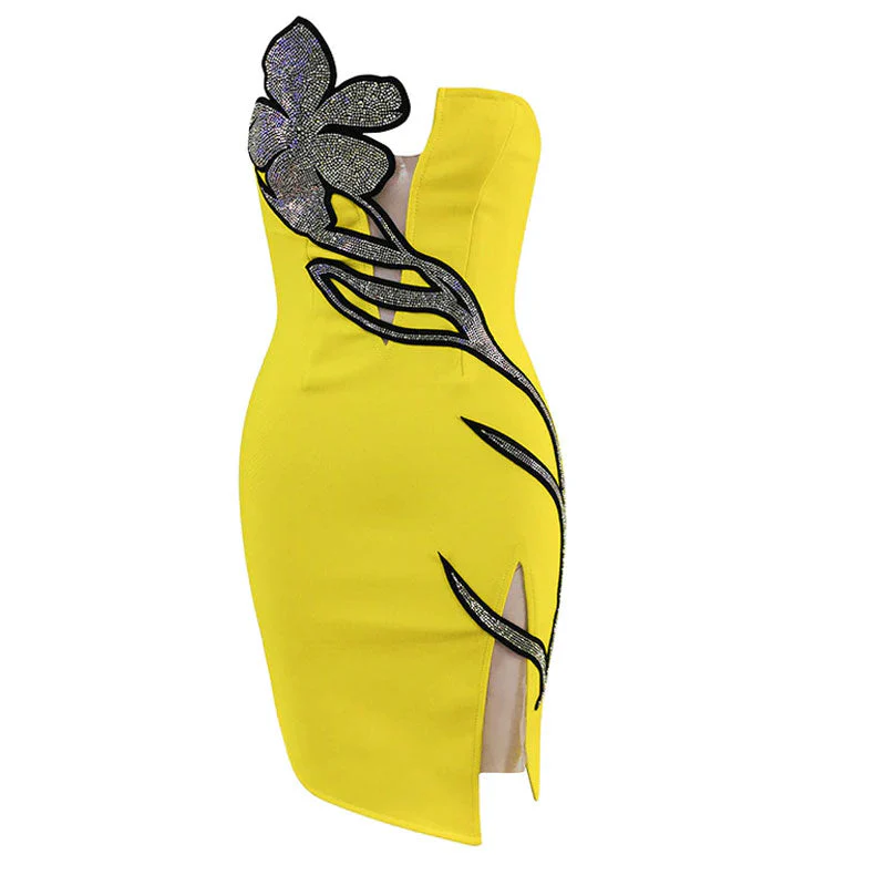 Glitter Petal Embellished Asymmetric Strapless Club Mini Dress - YelLow - Image 3