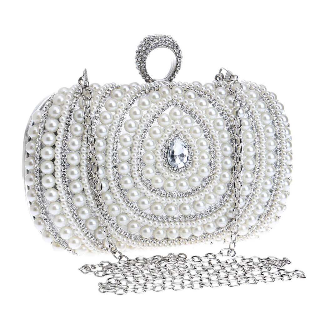 Glitter Rhinestone Embellished Top Handle Pearl Pouch Clutch - Silver - Image 2