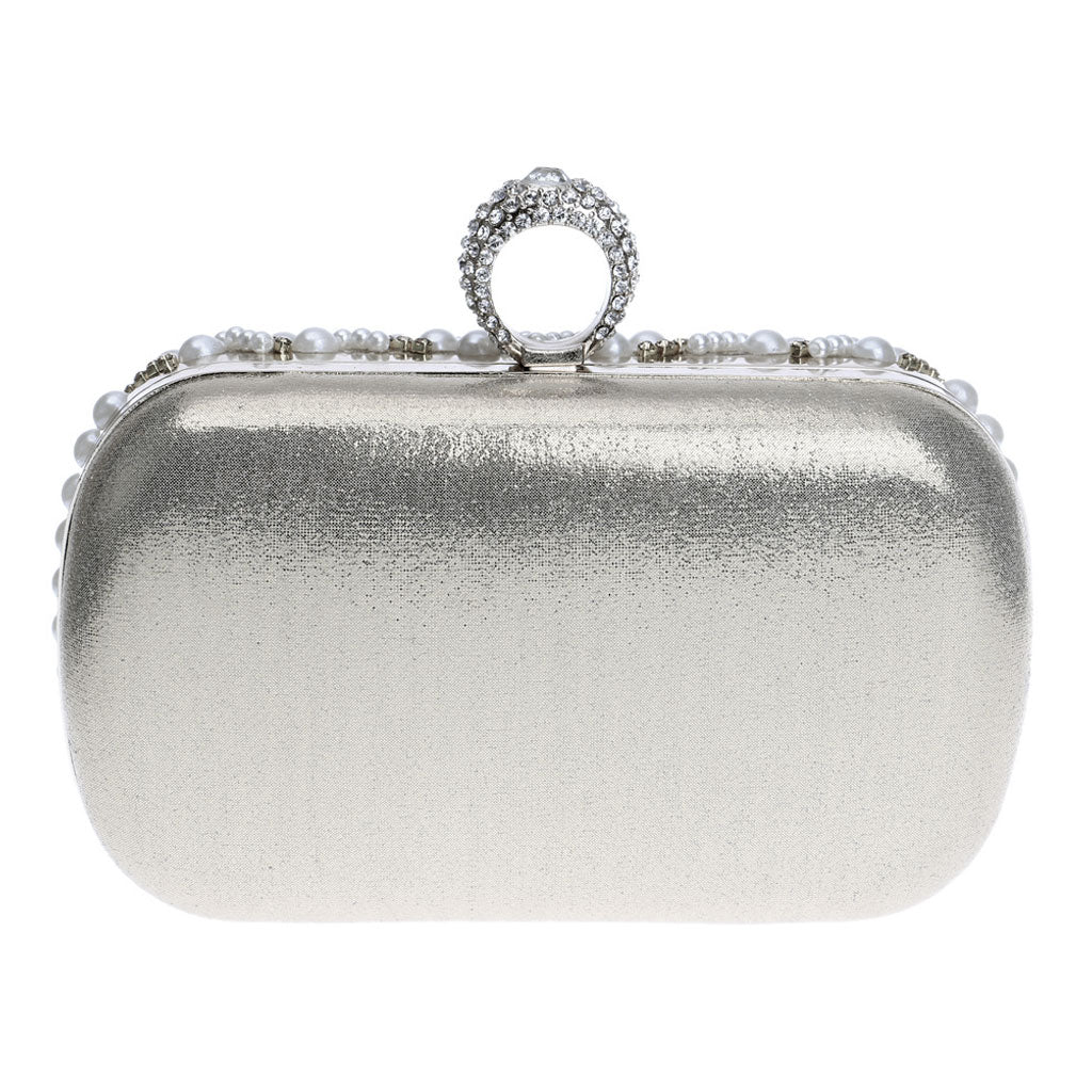 Glitter Rhinestone Embellished Top Handle Pearl Pouch Clutch - Silver - Image 3