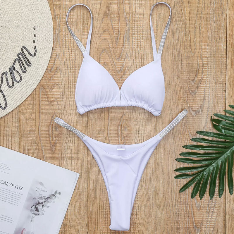 Glitter Rhinestone String Sliding Triangle Brazilian Bikini Set - White - Image 2