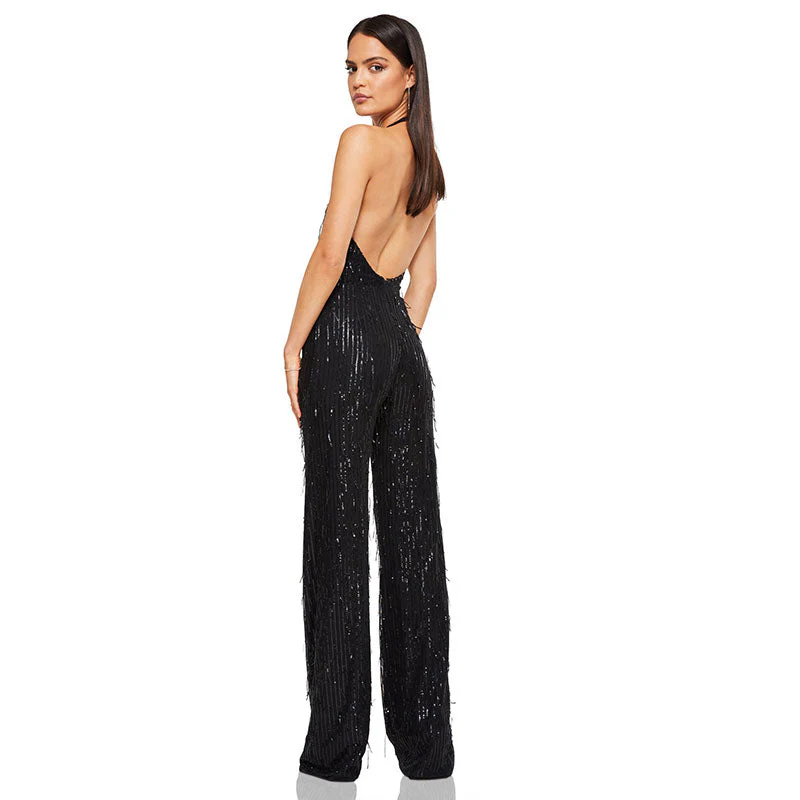 Glitter Sequin Fringe Plunge Backless Wide Leg Party Jumpsuit - Black - Image 3