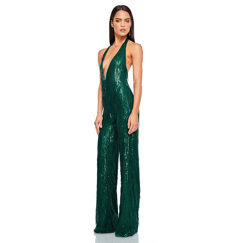 Glitter Sequin Fringe Plunge Backless Wide Leg Party Jumpsuit - Green - Image 2