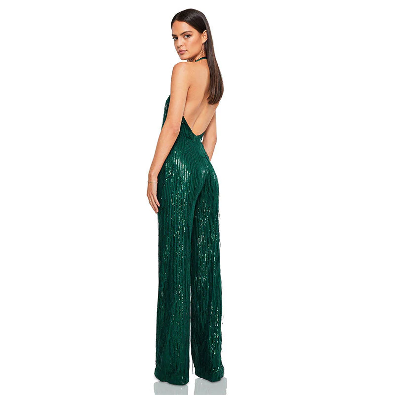 Glitter Sequin Fringe Plunge Backless Wide Leg Party Jumpsuit - Green - Image 3