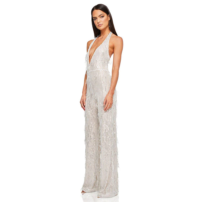Glitter Sequin Fringe Plunge Backless Wide Leg Party Jumpsuit - Silver - Image 2