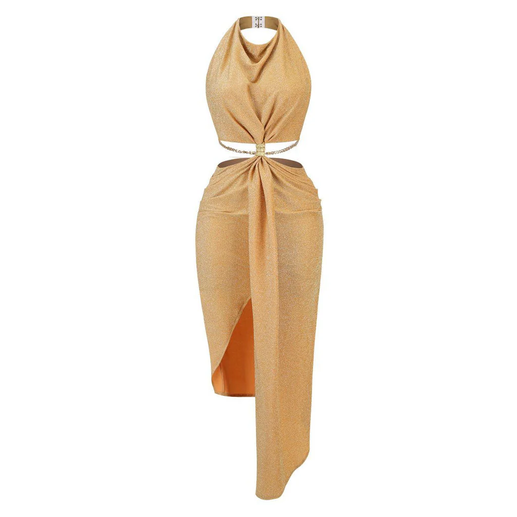 Glittering Draped Halter Metallic Chain CutOut Backless Midi Dress - Gold - Image 4