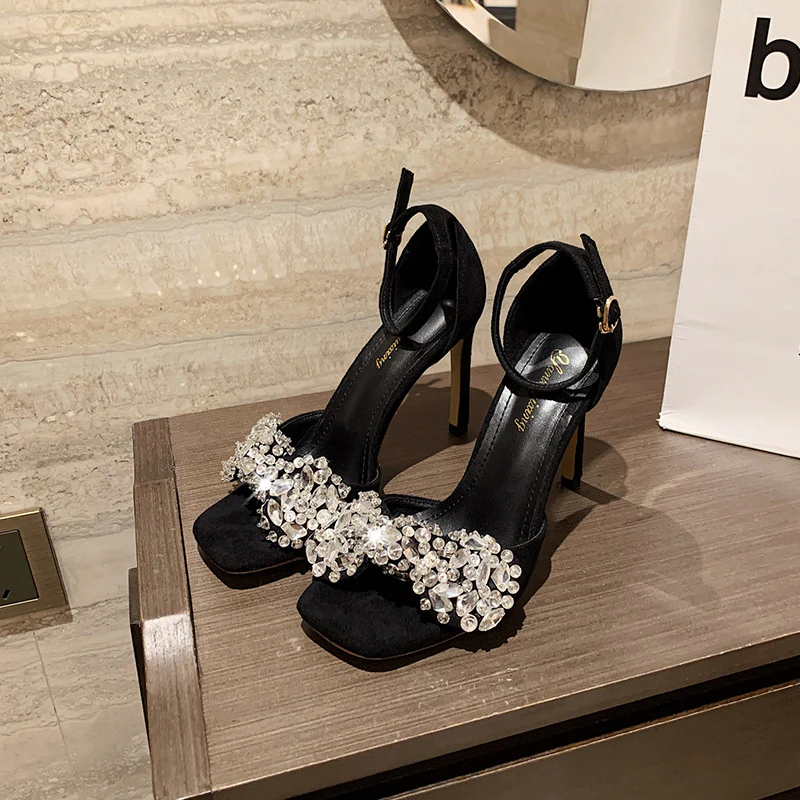 Glittering Gem Peep Toe Ankle Strap High Heel Sandals - Black - Image 2