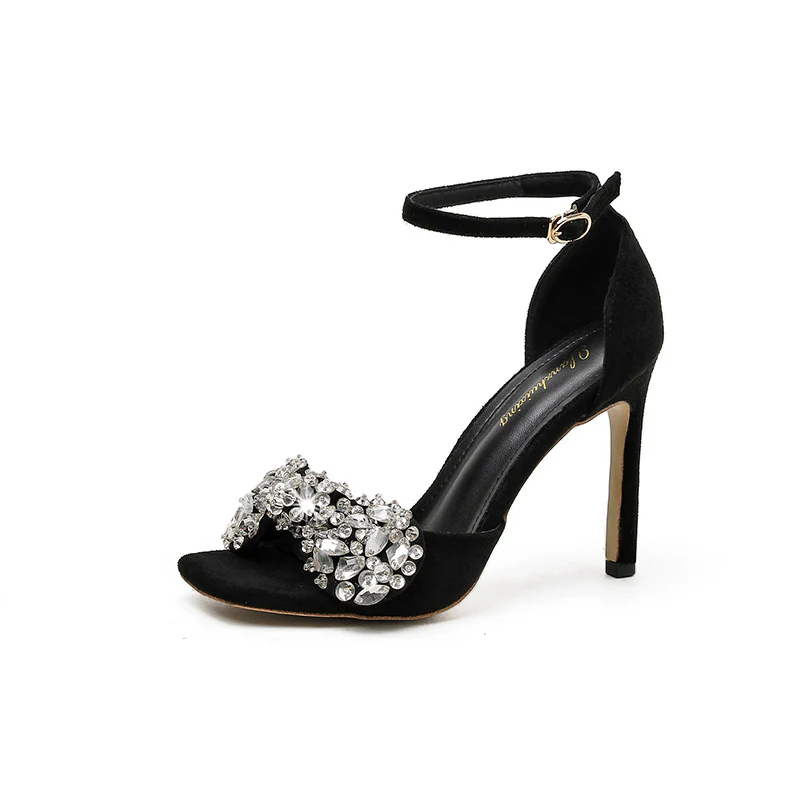 Glittering Gem Peep Toe Ankle Strap High Heel Sandals - Black - Image 4