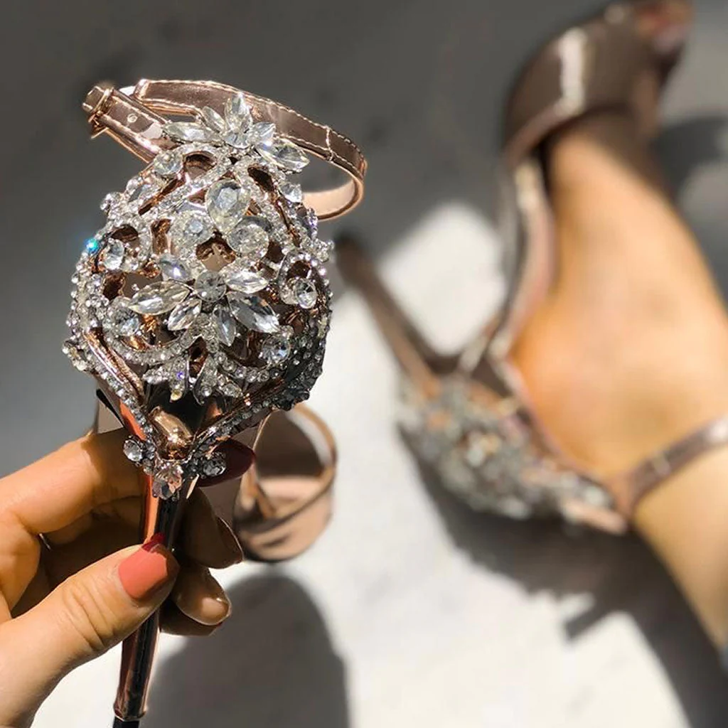 Glittering Gem Peep Toe Ankle Strap High Heel Sandals - Champagne - Image 2