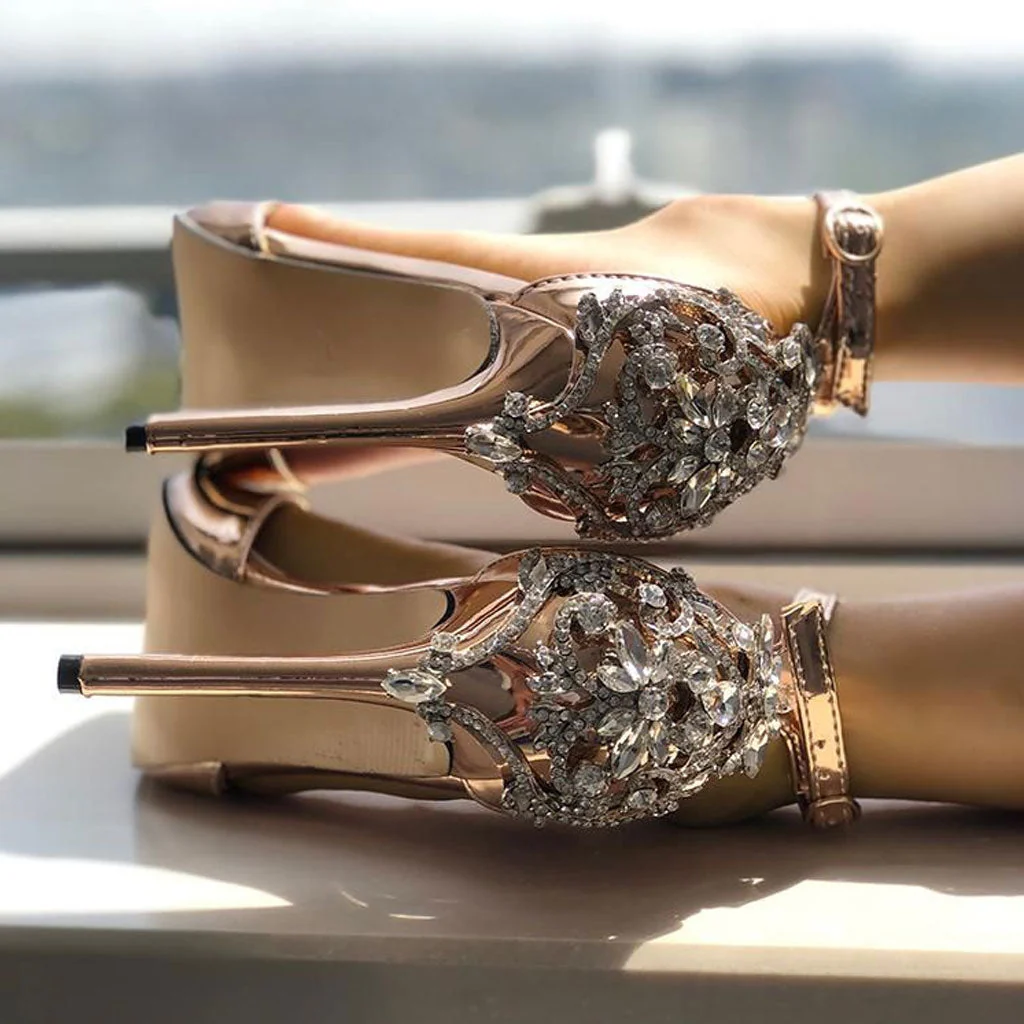Glittering Gem Peep Toe Ankle Strap High Heel Sandals - Champagne - Image 3