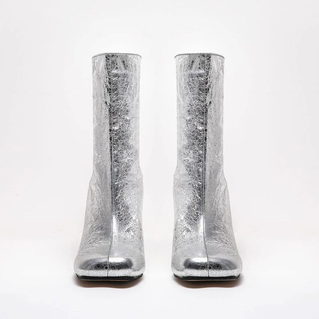 Glittering Metallic Trim Square Toe High Heel Ankle Boots - Silver - Image 5