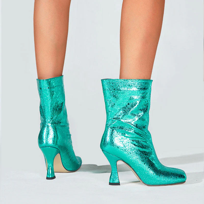 Glittering Metallic Trim Square Toe High Heel Ankle Boots - Turquoise - Image 4