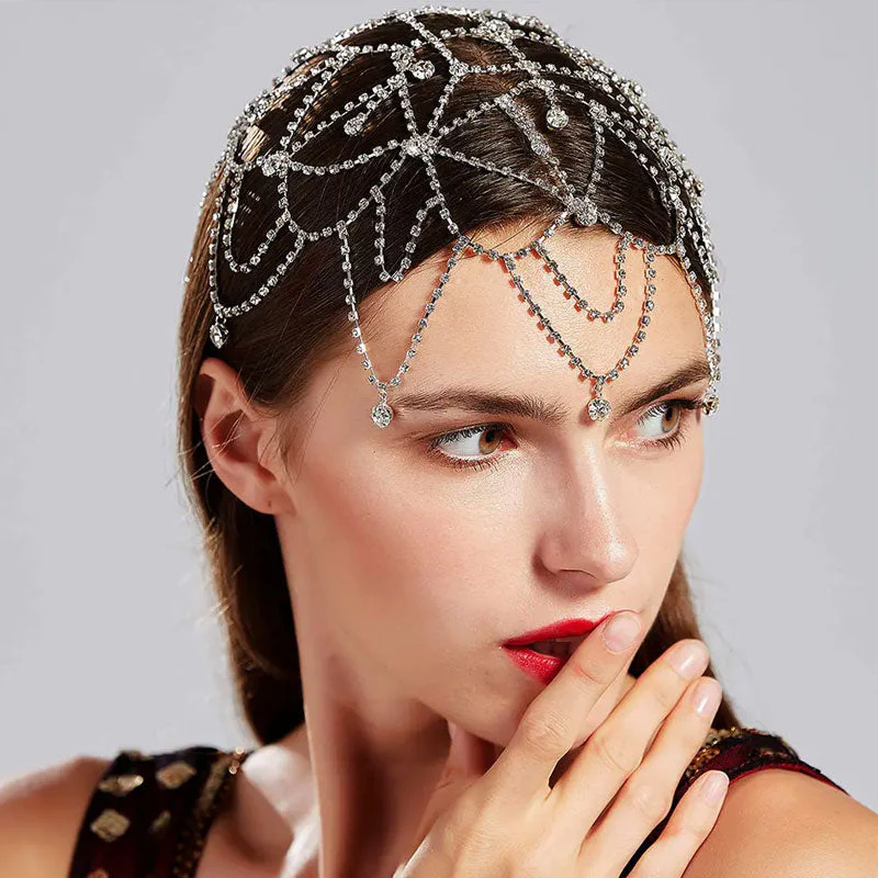 Glittering Rhinestone Embellished Caged Chain Headpiece - Silver - Image 2