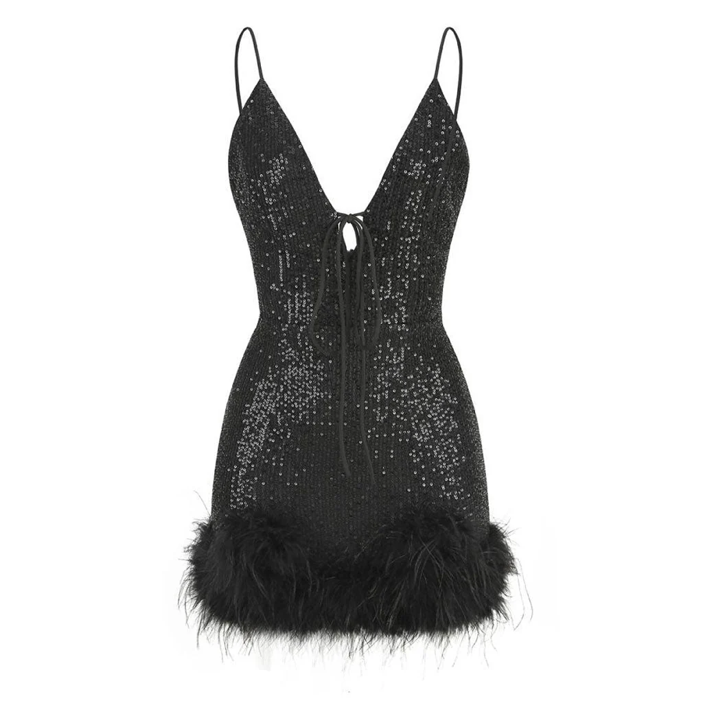 Glittering Sequin Feather Trim Tie Front Deep V Cami Backless Mini Party Dress - Image 7