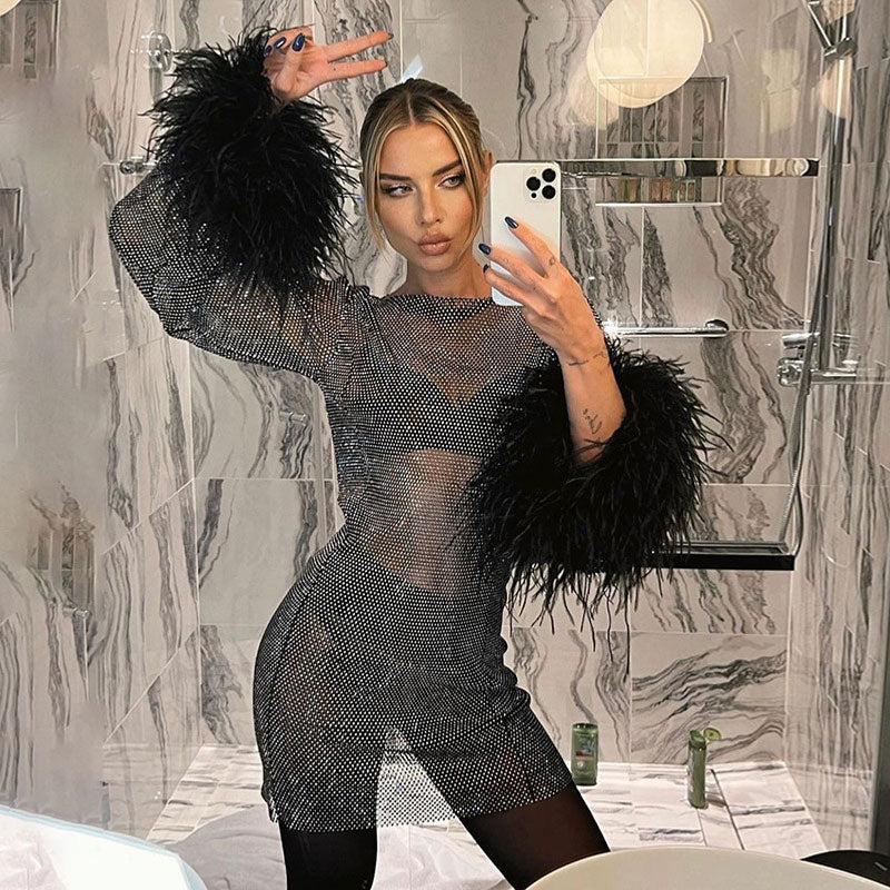 Glittering Lurex Crew Neck Faux Fur Long Sleeve Sheer Fishnet Party Mini Dress - Black - Image 2