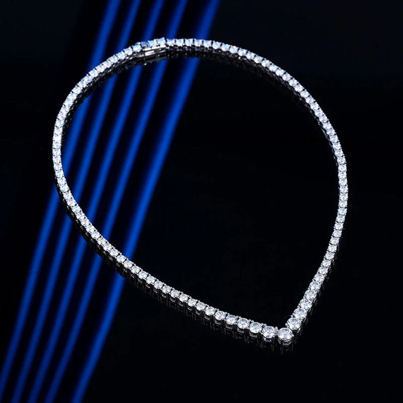 Glittering Sterling Silver V Shape Graduated Moissanite Tennis NeckLace - Image 2