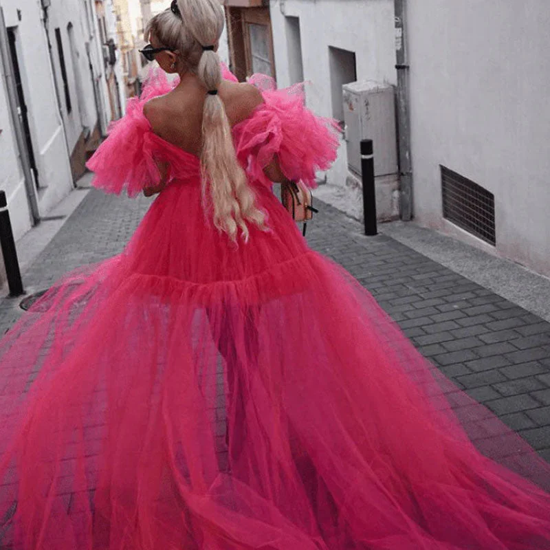 Glorious Deep V Neck Flutter Sleeve CutOut Flounced Layered Tulle High Low Evening Dress - Image 3