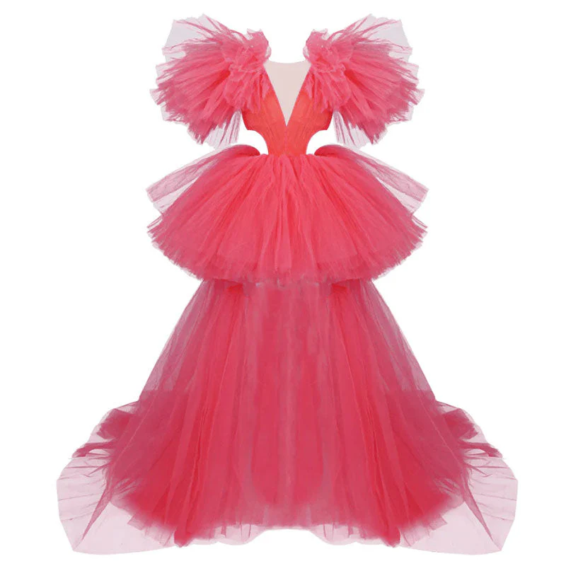 Glorious Deep V Neck Flutter Sleeve CutOut Flounced Layered Tulle High Low Evening Dress - Image 4