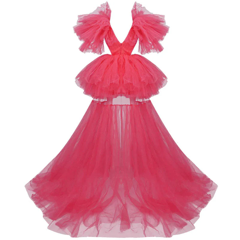 Glorious Deep V Neck Flutter Sleeve CutOut Flounced Layered Tulle High Low Evening Dress - Image 5