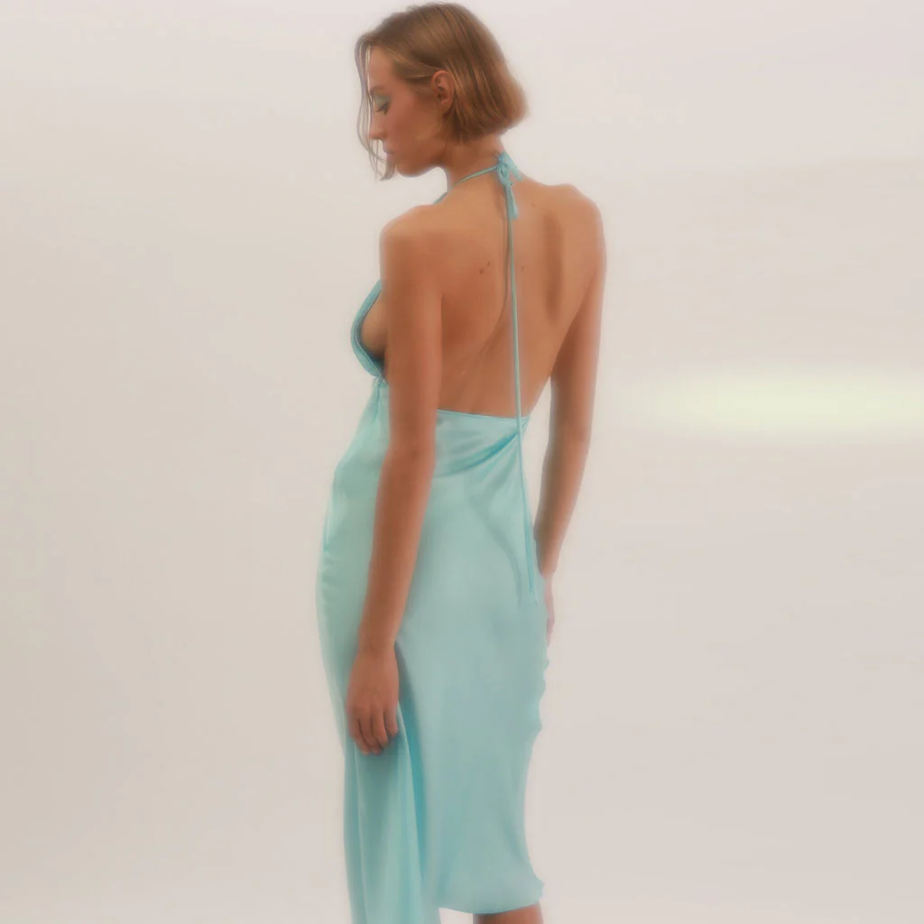 Glossy Backless Pleated Halter V Neck Cocktail Midi Dress - Blue - Image 3