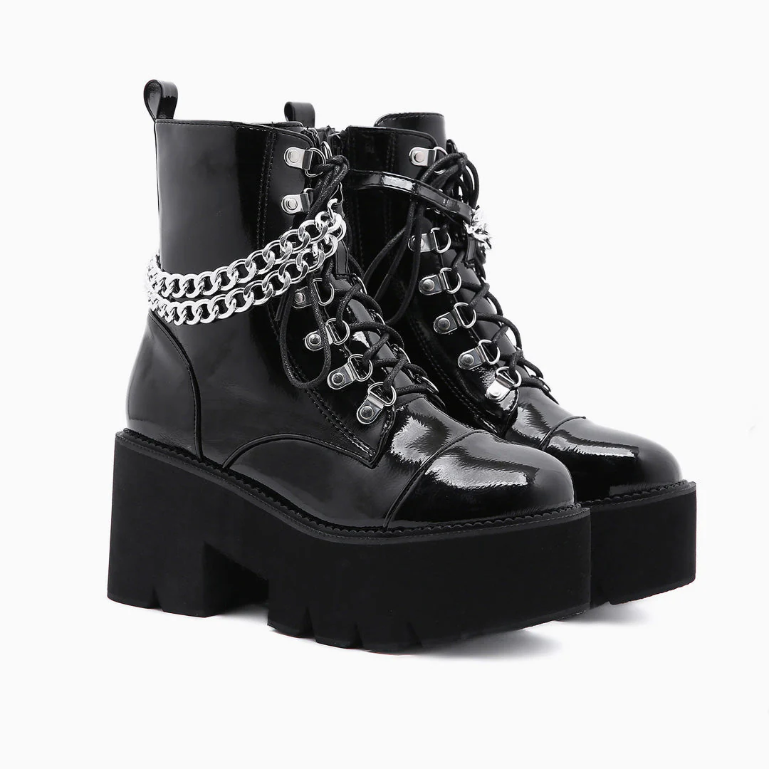 Glossy Chain-Link Lace Up Chunky Heel Platform Boots - Black - Image 2