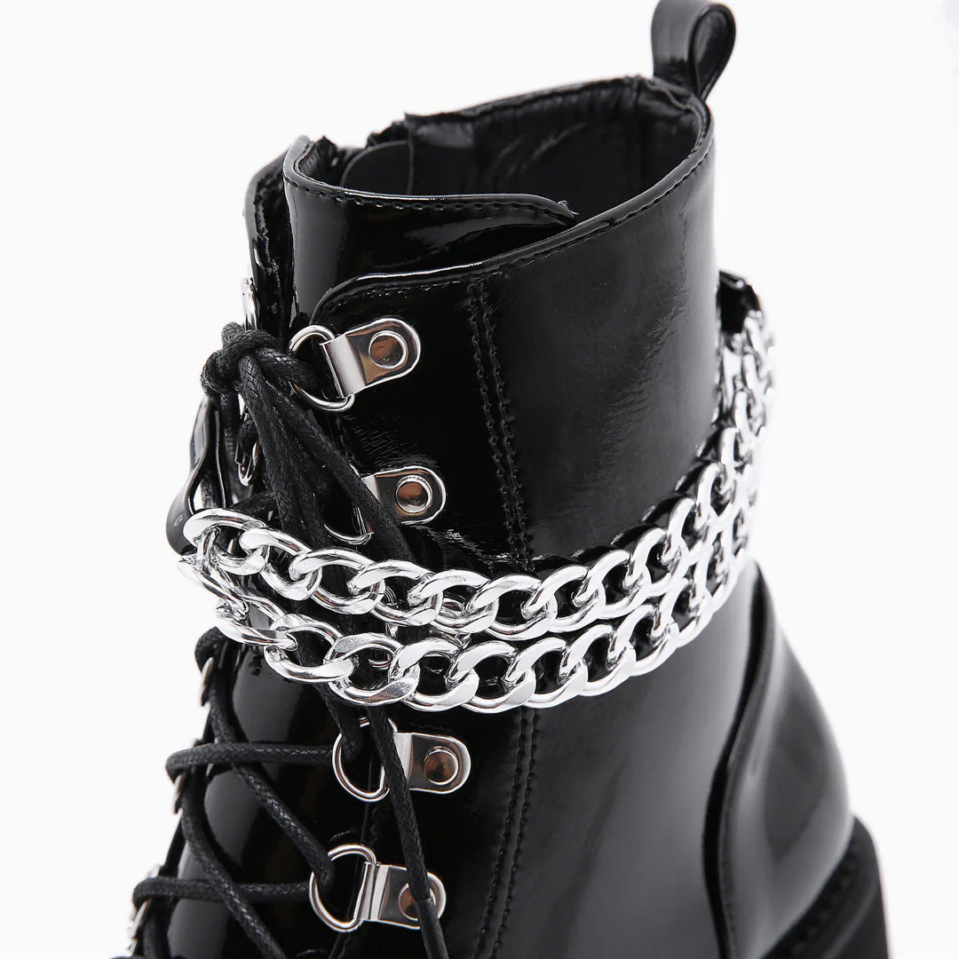 Glossy Chain-Link Lace Up Chunky Heel Platform Boots - Black - Image 4