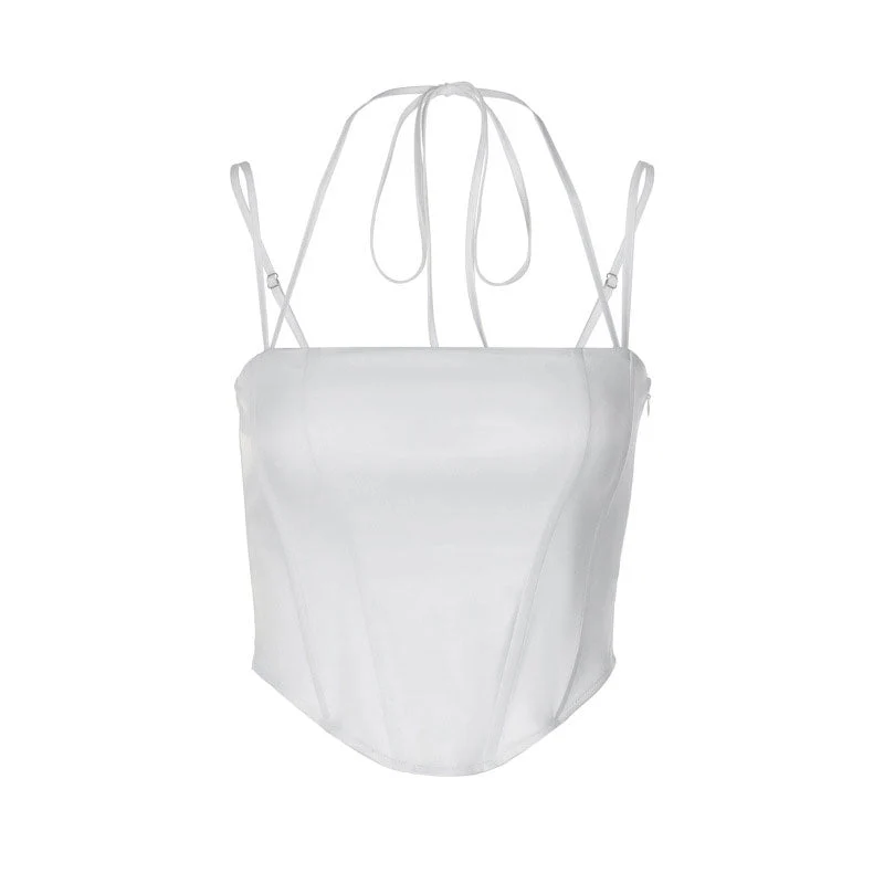 Glossy Curved Hem Spaghetti Strap Corset Halter Crop Top - White - Image 2