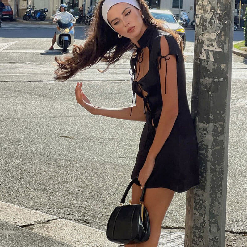 Glossy Cut Out Tie Front Mock Neck Short Sleeve Mini Dress - Black - Image 2