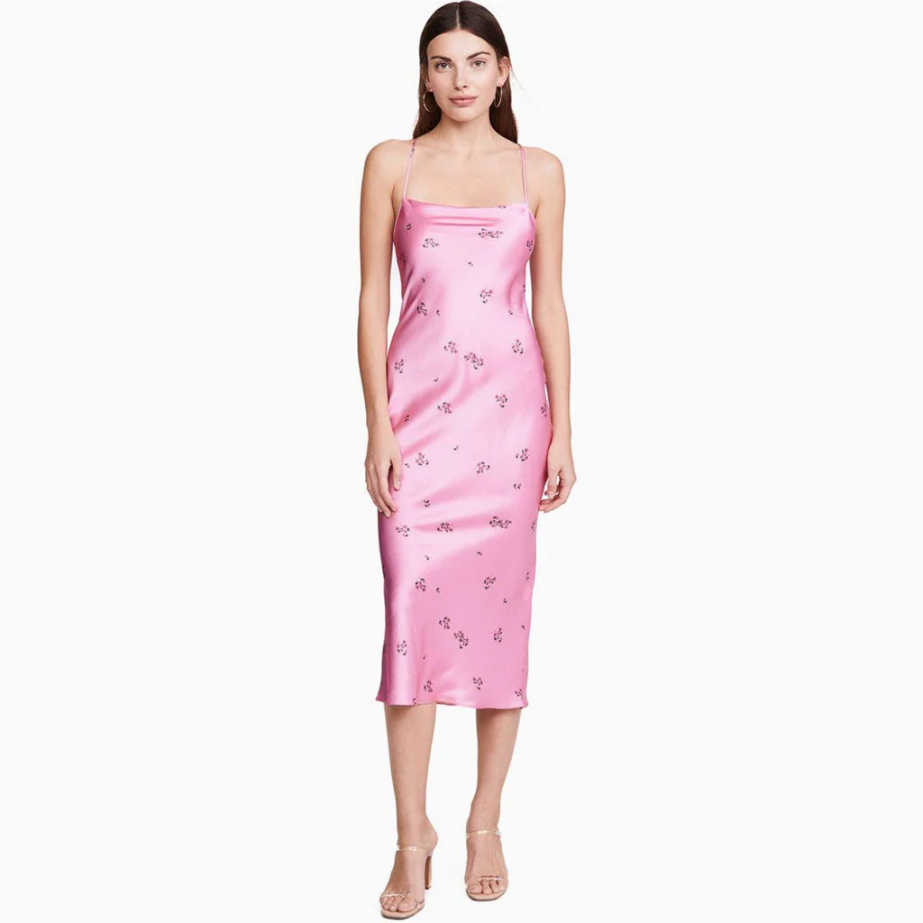 Glossy Ditsy Floral Print Backless Satin Slip Midi Dress - Pink - Image 2