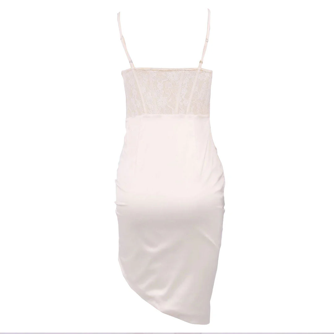 Glossy Draped Neck Sheer Corset Split Cocktail Midi Dress - Apricot - Image 3