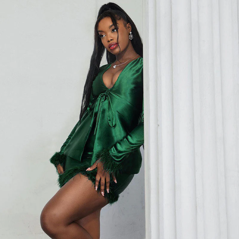 Glossy Faux Fur Tie Front Top Bodycon Mini Skirt Matching Set - Emerald Green - Image 2