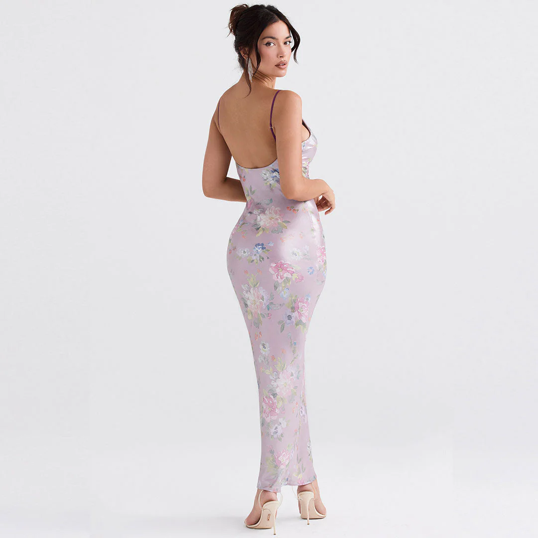 Glossy Flower Print V Neck Sleeveless Bodycon Maxi Dress - Pink - Image 3