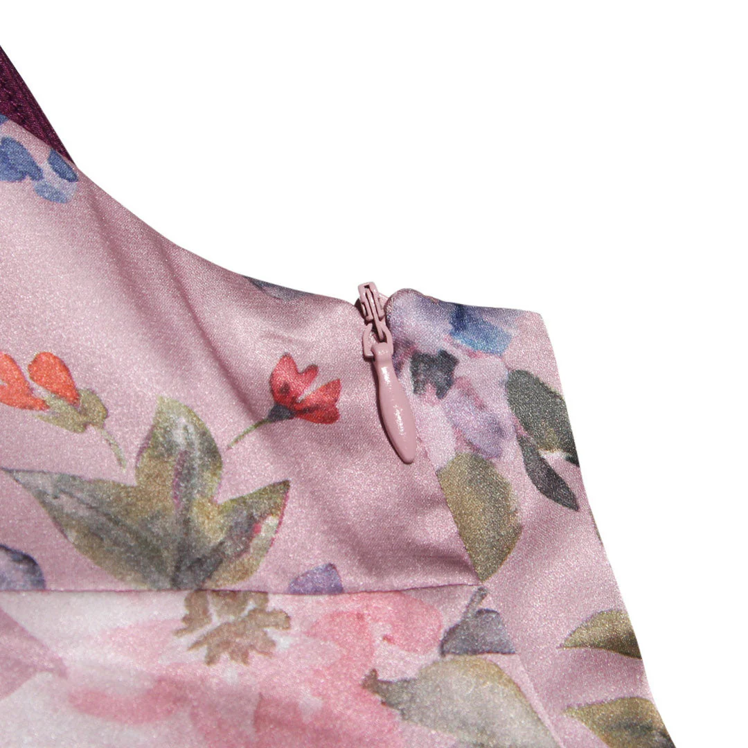 Glossy Flower Print V Neck Sleeveless Bodycon Maxi Dress - Pink - Image 4